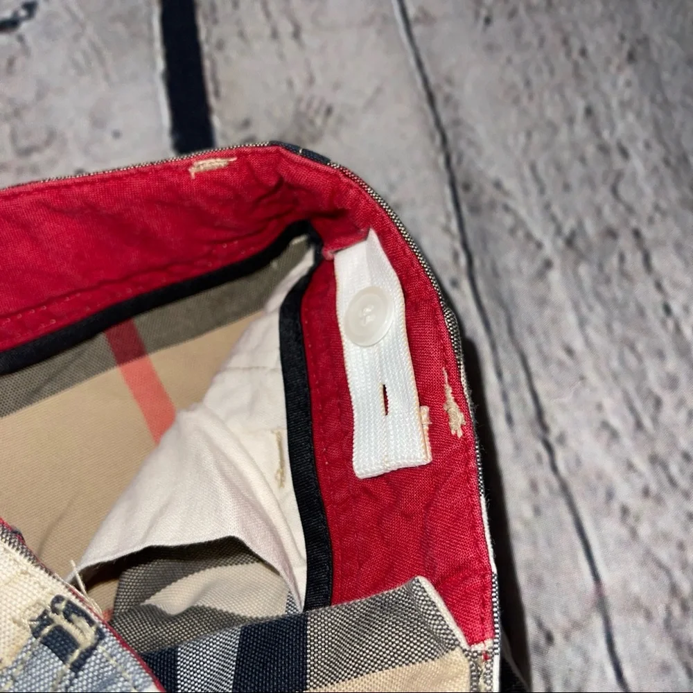 Burberry Beige Nova Check Cargo Shorts with Black and Red Stripes